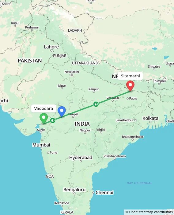 Route map showing distance and travel time from Vadodara, India to Sitamarhi, India