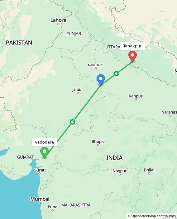 Route map showing distance and travel time from Vadodara, India to Tanakpur, India