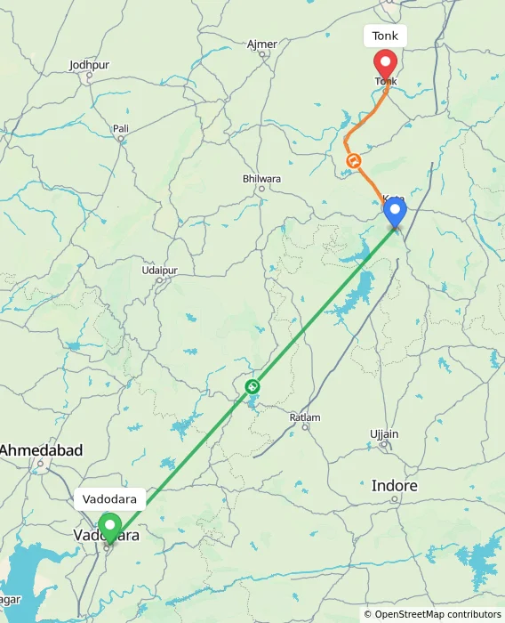 Route map showing distance and travel time from Vadodara, India to Tonk, India