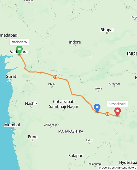 Route map showing distance and travel time from Vadodara, India to Umarkhed, India