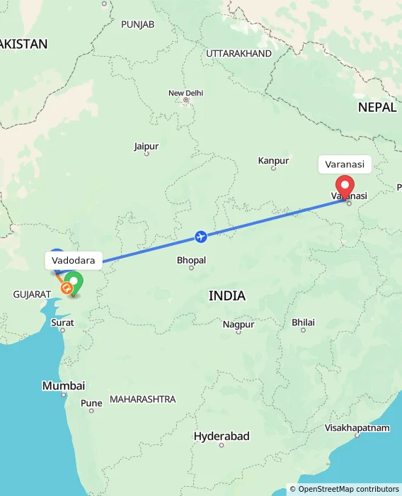 Route map showing distance and travel time from Vadodara, India to Varanasi, India