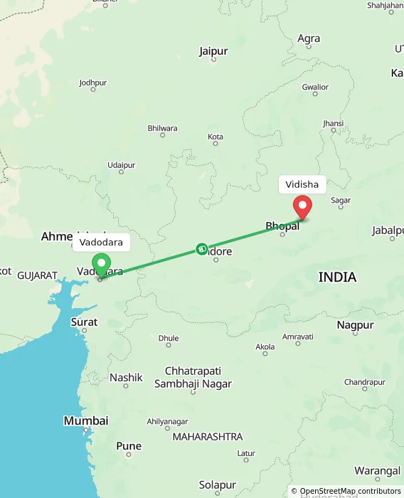 Route map showing distance and travel time from Vadodara, India to Vidisha, India