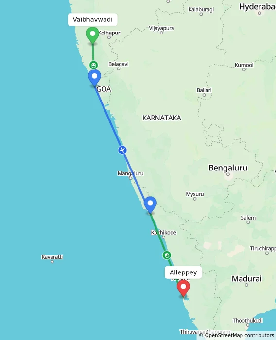 Route map showing distance and travel time from Vaibhavwadi, India to Alappuzha, India