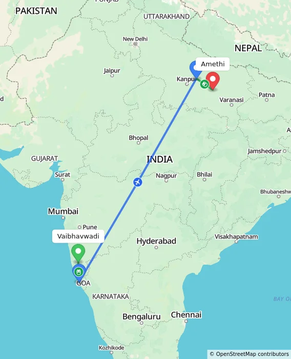 Route map showing distance and travel time from Vaibhavwadi, India to Amethi, India
