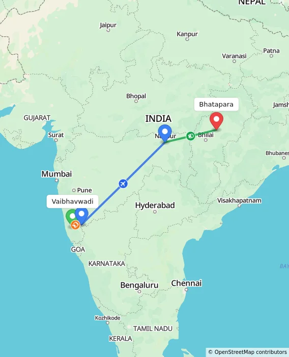 Route map showing distance and travel time from Vaibhavwadi, India to Bhatapara, India