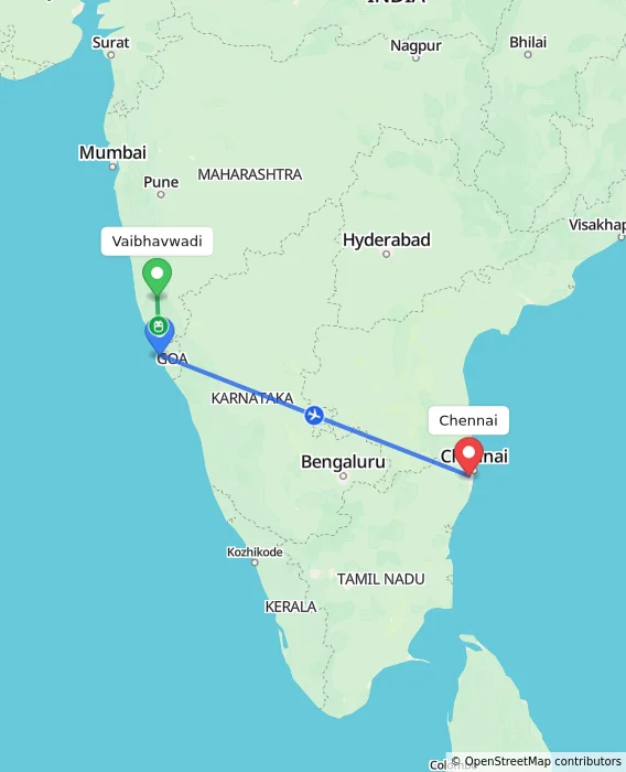 Route map showing distance and travel time from Vaibhavwadi, India to Chennai, India