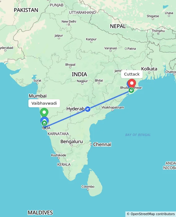 Route map showing distance and travel time from Vaibhavwadi, India to Cuttack, India