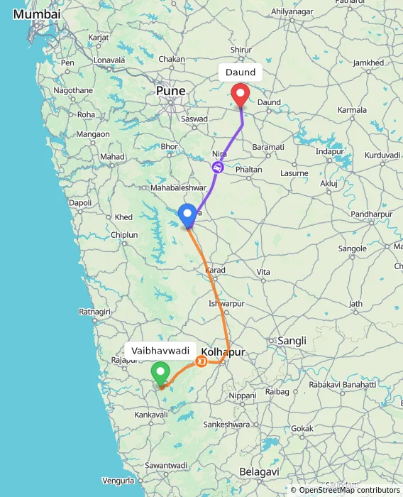 Route map showing distance and travel time from Vaibhavwadi, India to Daund, India