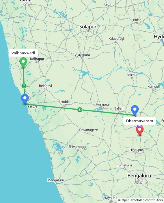 Route map showing distance and travel time from Vaibhavwadi, India to Dharmavaram, India