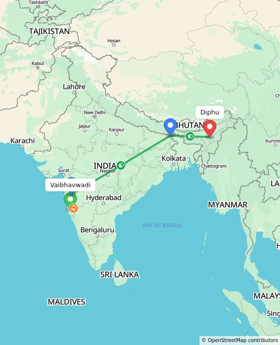 Route map showing distance and travel time from Vaibhavwadi, India to Diphu, India