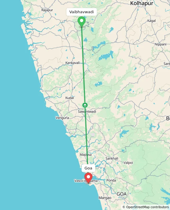 Route map showing distance and travel time from Vaibhavwadi, India to Goa, India