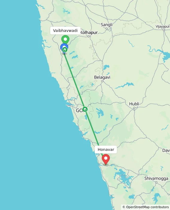 Route map showing distance and travel time from Vaibhavwadi, India to Honavar, India
