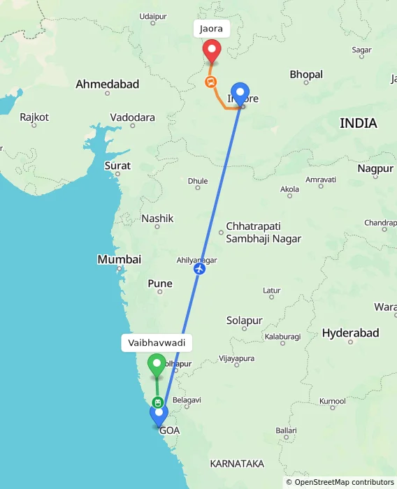 Route map showing distance and travel time from Vaibhavwadi, India to Jaora, India