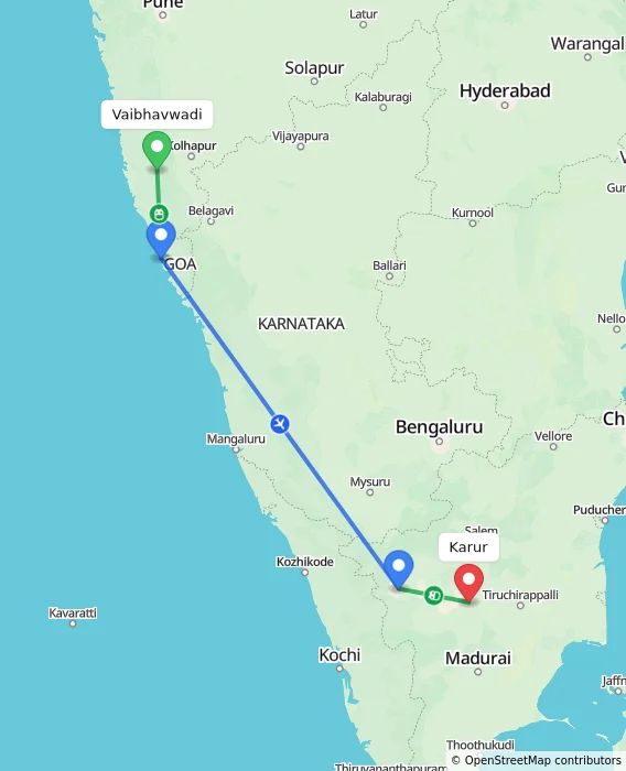 Route map showing distance and travel time from Vaibhavwadi, India to Karur, India