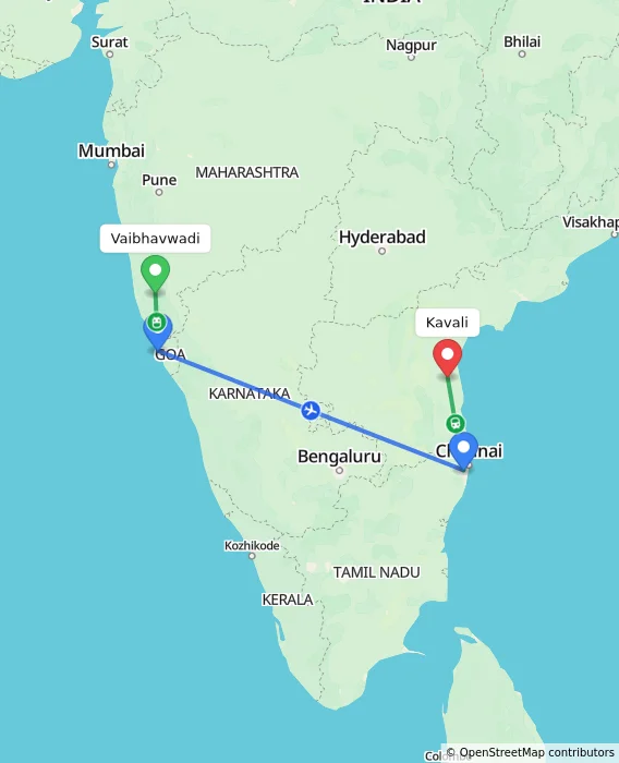 Route map showing distance and travel time from Vaibhavwadi, India to Kavali, India