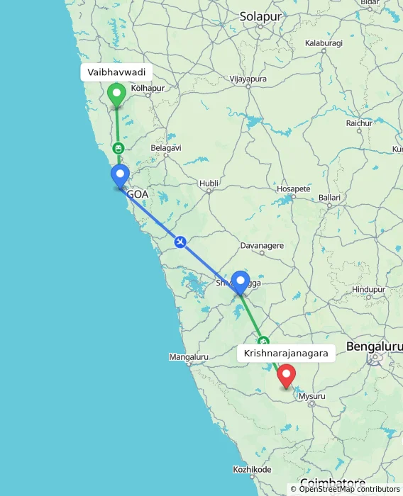 Route map showing distance and travel time from Vaibhavwadi, India to Krishnarajanagara, India