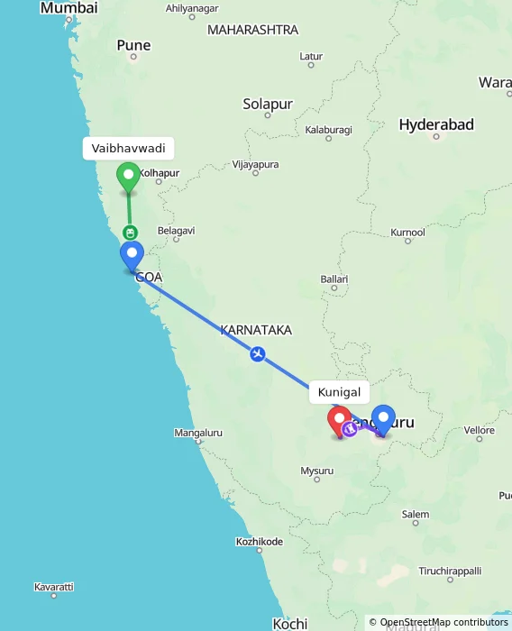 Route map showing distance and travel time from Vaibhavwadi, India to Kunigal, India