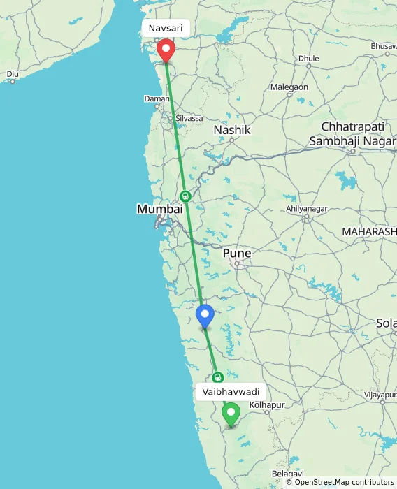 Route map showing distance and travel time from Vaibhavwadi, India to Navsari, India