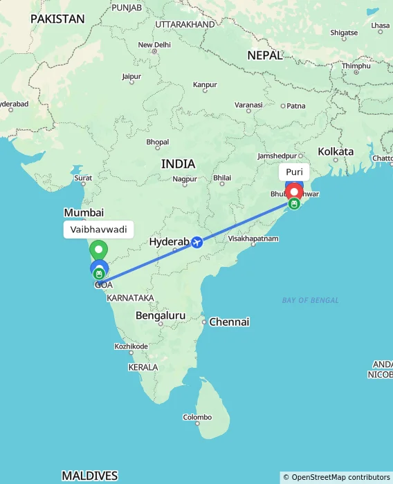 Route map showing distance and travel time from Vaibhavwadi, India to Puri, India