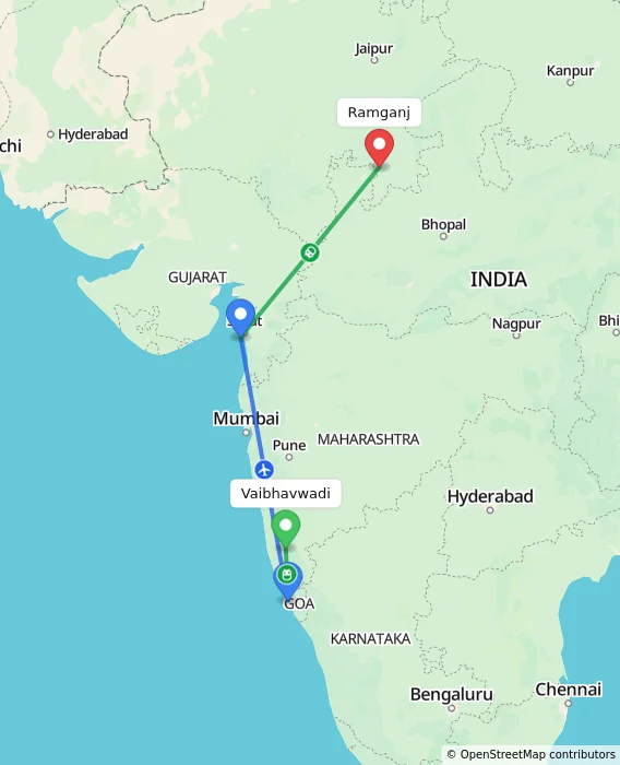 Route map showing distance and travel time from Vaibhavwadi, India to Ramganj, India