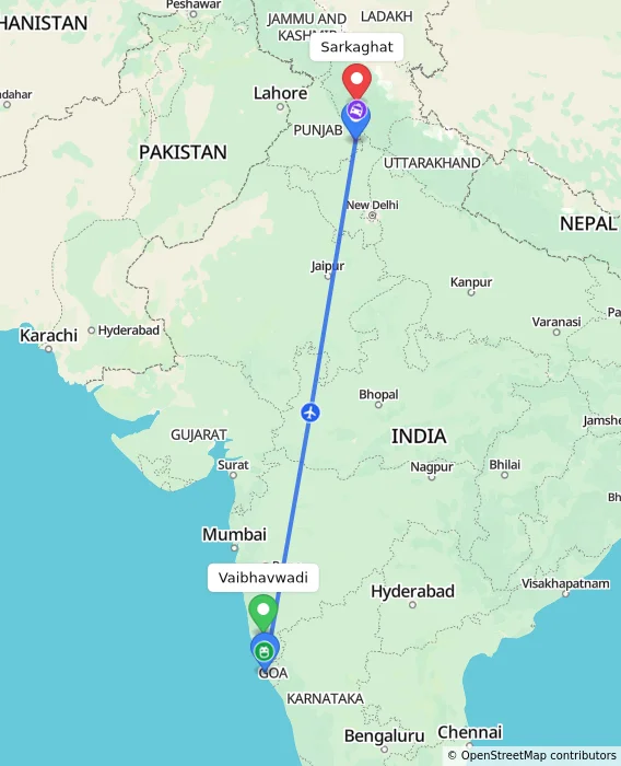 Route map showing distance and travel time from Vaibhavwadi, India to Sarkaghat, India