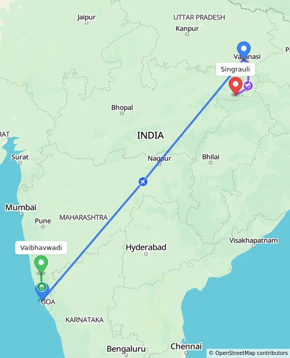 Route map showing distance and travel time from Vaibhavwadi, India to Singrauli, India