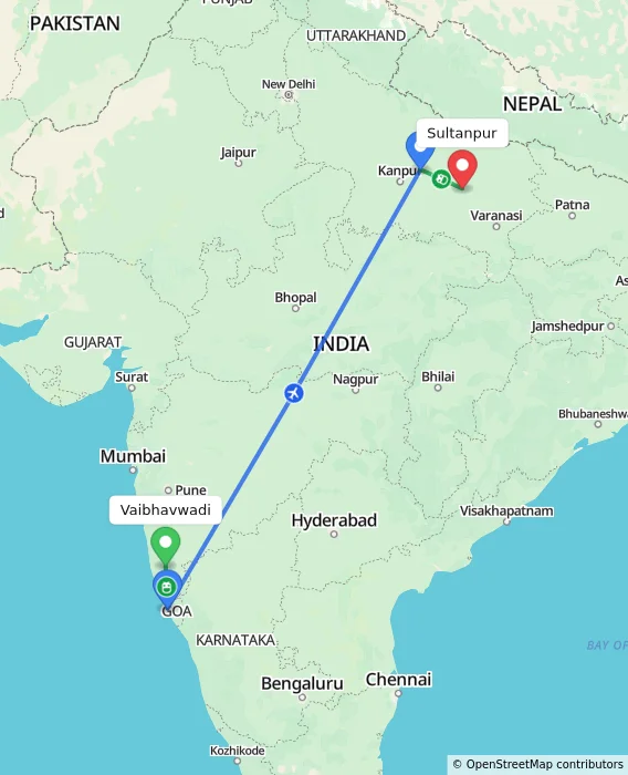 Route map showing distance and travel time from Vaibhavwadi, India to Sultanpur, India