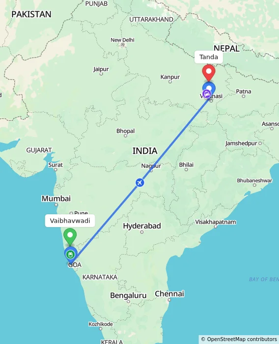 Route map showing distance and travel time from Vaibhavwadi, India to Tanda, India