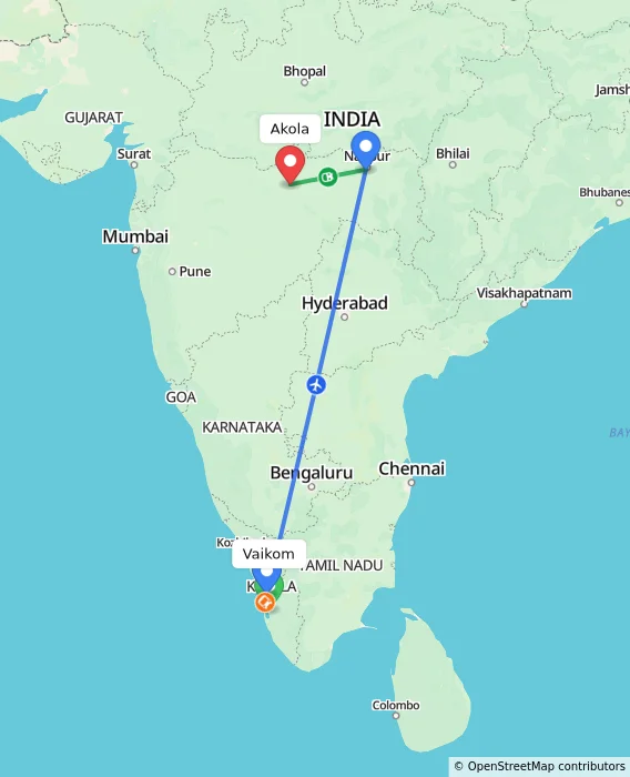 Route map showing distance and travel time from Vaikom, India to Akola, India