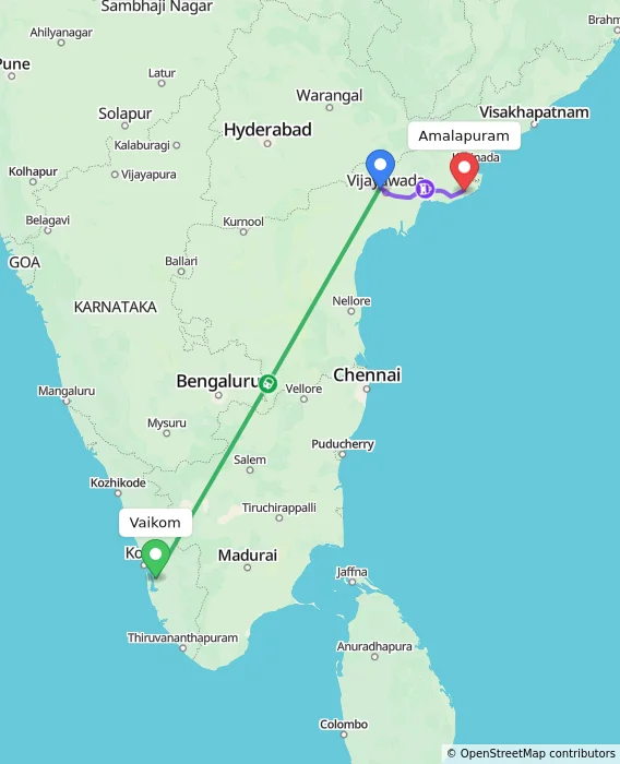 Route map showing distance and travel time from Vaikom, India to Amalapuram, India