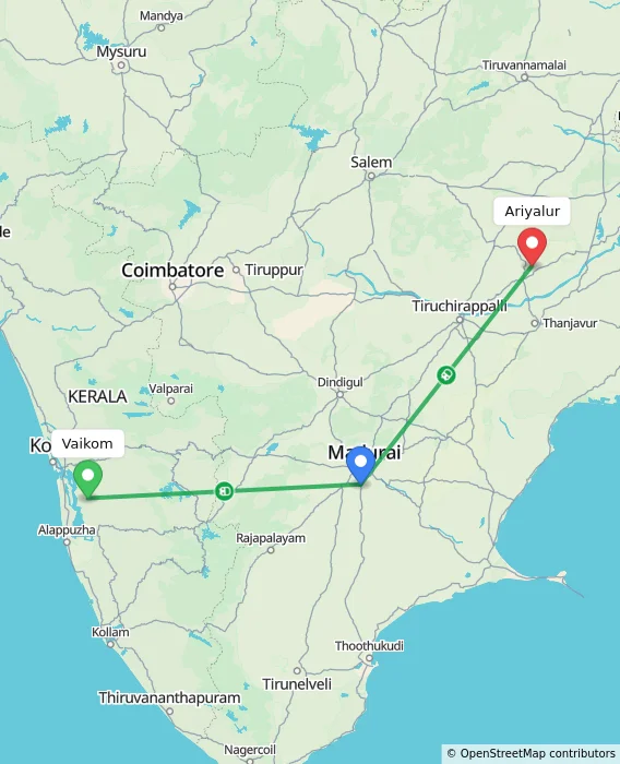 Route map showing distance and travel time from Vaikom, India to Ariyalur, India