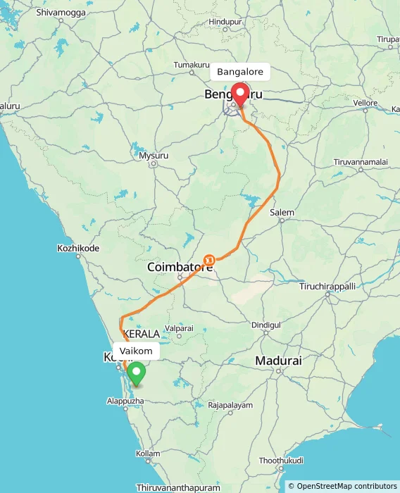Route map showing distance and travel time from Vaikom, India to Bangalore, India