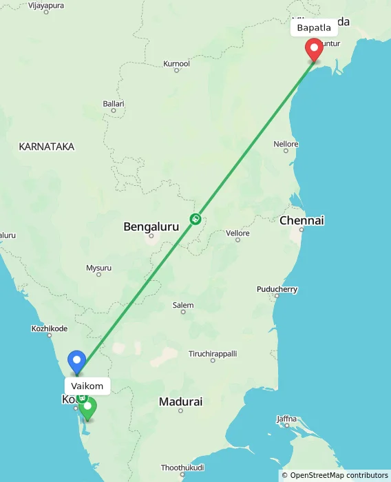 Route map showing distance and travel time from Vaikom, India to Bapatla, India