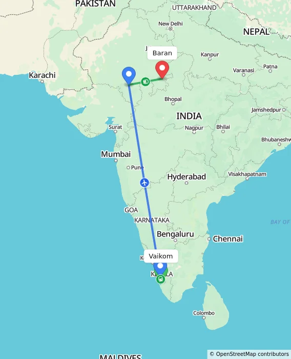 Route map showing distance and travel time from Vaikom, India to Baran, India