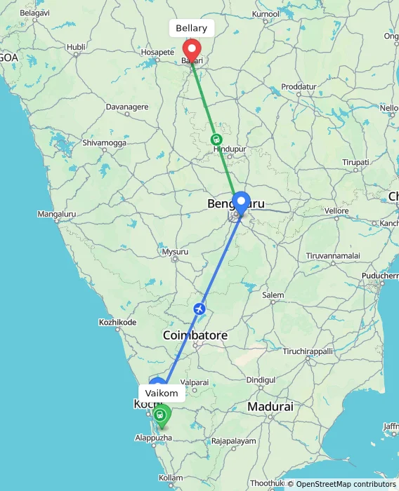Route map showing distance and travel time from Vaikom, India to Bellary, India