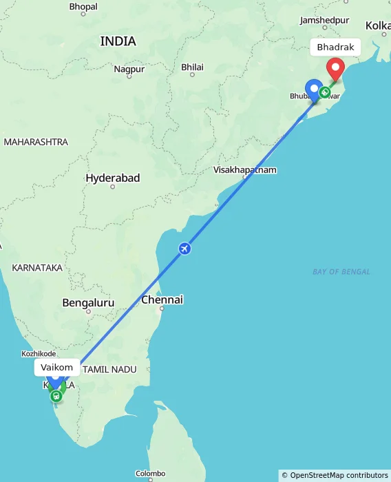 Route map showing distance and travel time from Vaikom, India to Bhadrak, India