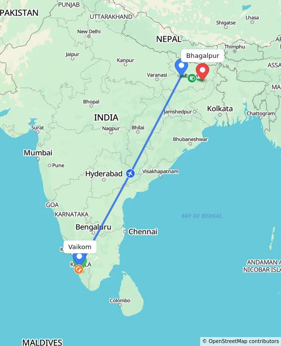 Route map showing distance and travel time from Vaikom, India to Bhagalpur, India