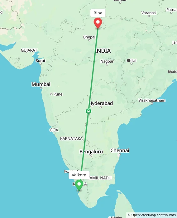 Route map showing distance and travel time from Vaikom, India to Bina, India