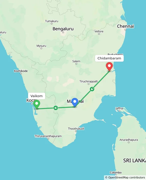 Route map showing distance and travel time from Vaikom, India to Chidambaram, India