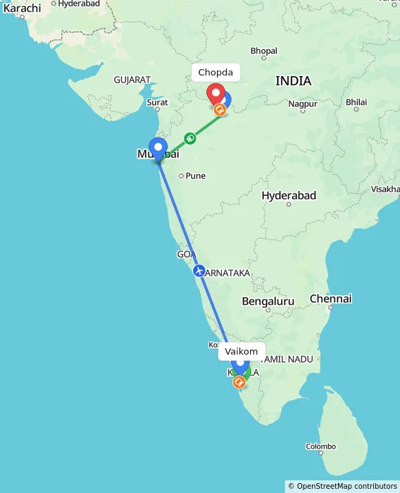 Route map showing distance and travel time from Vaikom, India to Chopda, India