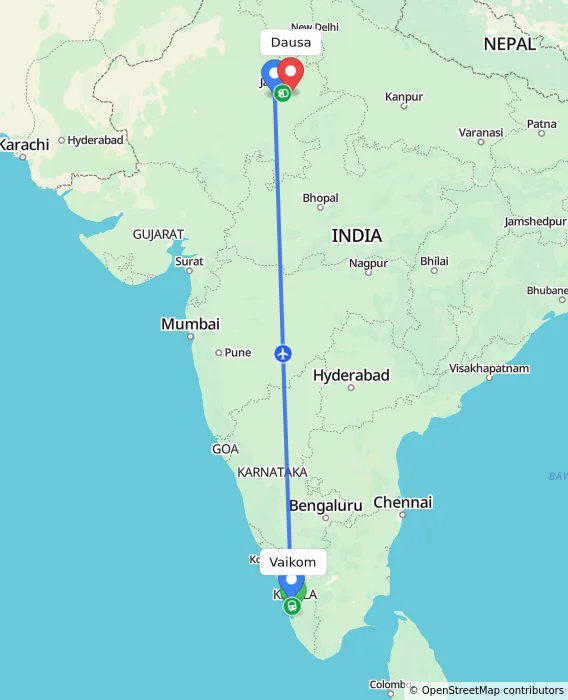 Route map showing distance and travel time from Vaikom, India to Dausa, India