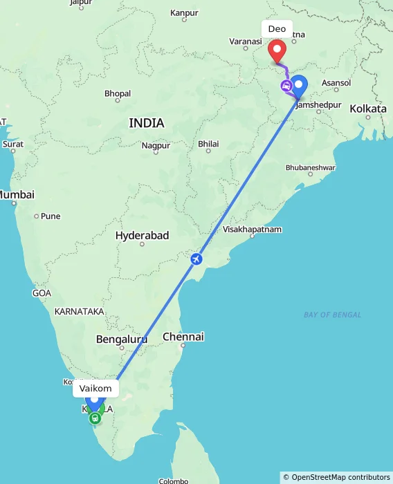 Route map showing distance and travel time from Vaikom, India to Deo, India