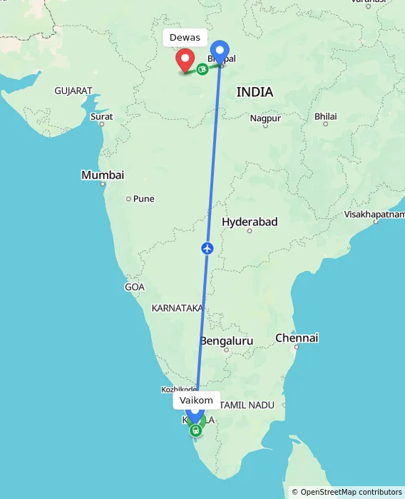 Route map showing distance and travel time from Vaikom, India to Dewas, India