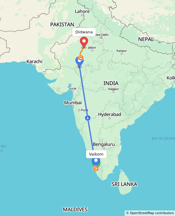 Route map showing distance and travel time from Vaikom, India to Didwana, India
