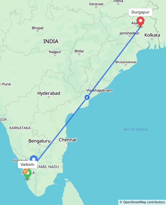 Route map showing distance and travel time from Vaikom, India to Durgapur, India