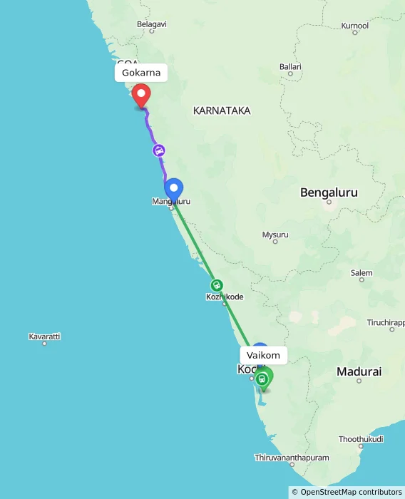 Route map showing distance and travel time from Vaikom, India to Gokarna, India