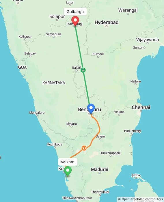 Route map showing distance and travel time from Vaikom, India to Gulbarga, India