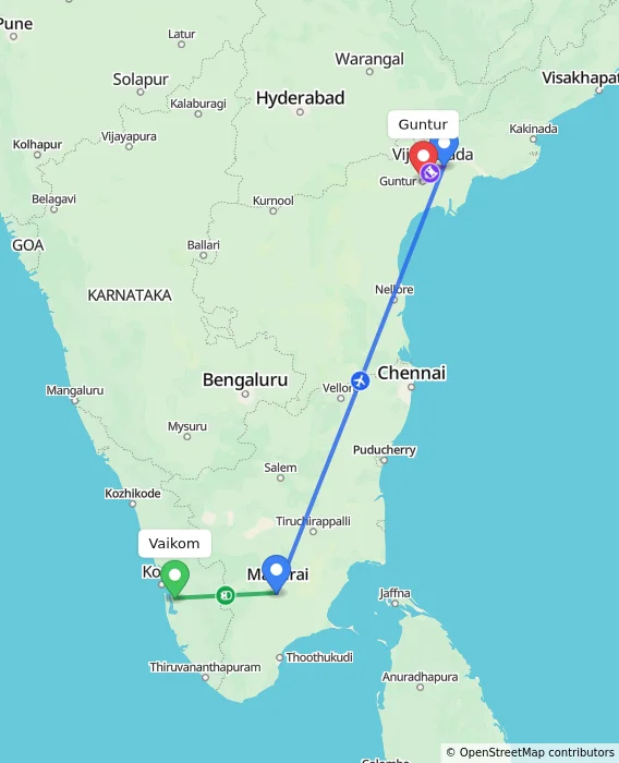 Route map showing distance and travel time from Vaikom, India to Guntur, India