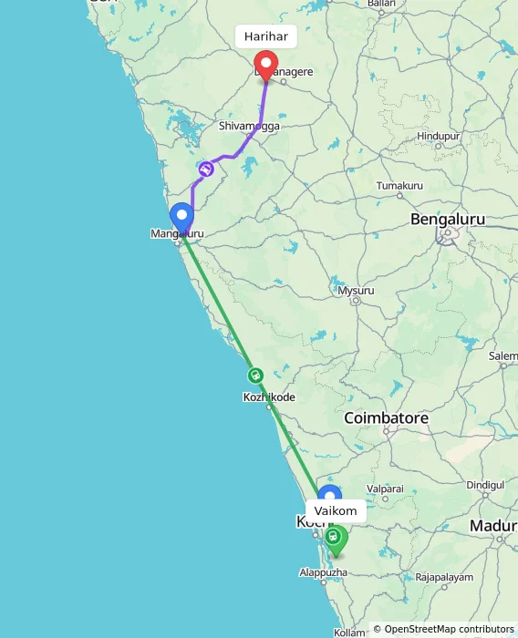 Route map showing distance and travel time from Vaikom, India to Harihar, India