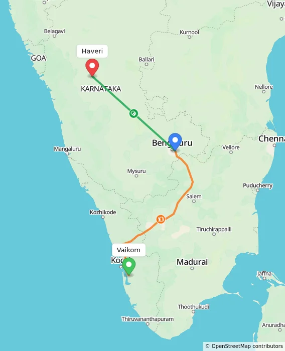 Route map showing distance and travel time from Vaikom, India to Haveri, India
